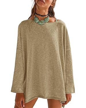 Tankaneo Womens Long Sleeve Shirts Oversized Lightweight Sweaters Crewneck Side Slit Hem Casual B... | Amazon (US)