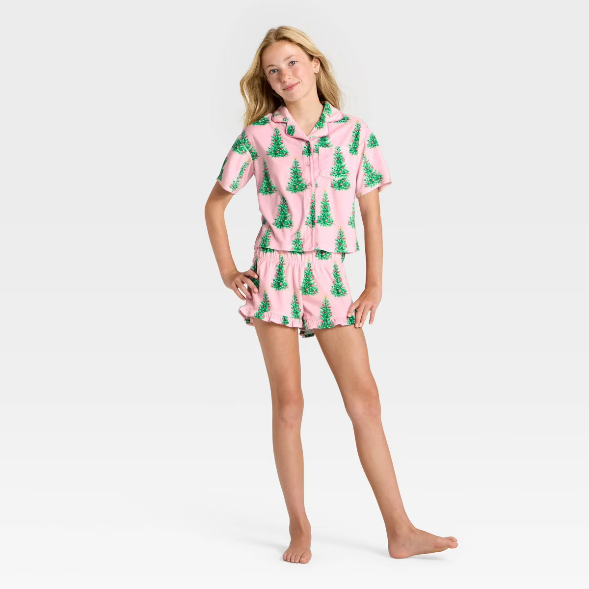 Girls' 2pc Holiday Short Sleeve Button-Down Pajama Set - art class™ | Target