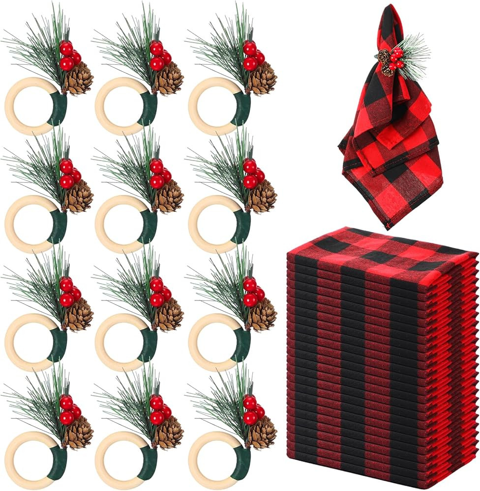 Uiifan 36 Pcs Christmas Napkin and Rings Set 24 Pcs Reusable Christmas Napkins Cloth and 12 Pcs P... | Amazon (US)
