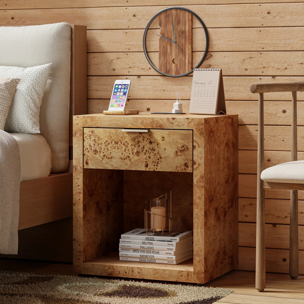 Manish Farmhouse Burl Finish Nightstand With Charging Station And Open Shelf | Wayfair North America
