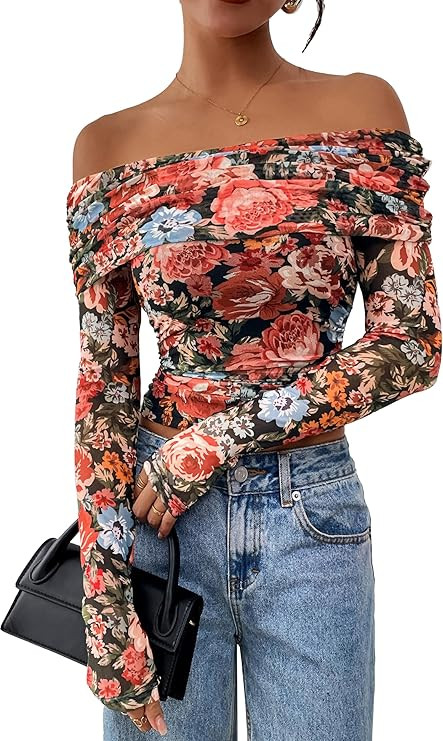 PRETTYGARDEN Women's Fall Tops 2025 Off The Shoulder Long Sleeve Fitted Y2k Shirts Floral Ruched ... | Amazon (US)