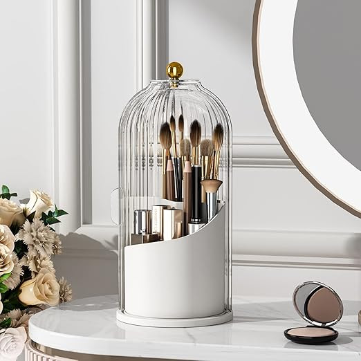 Makeup Brush Holder with Lid 360 Rotating Clear Dustproof Make Up Organizers for Vanity Bathroom ... | Amazon (US)