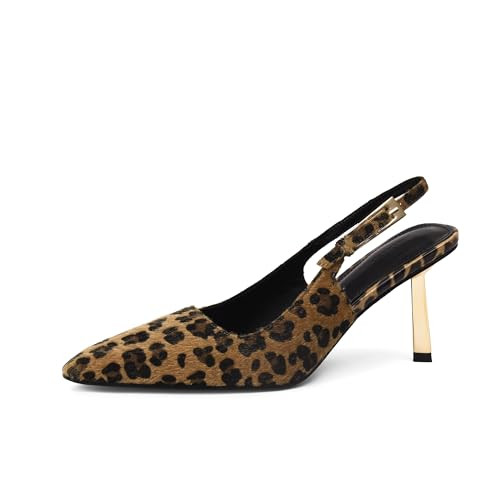 iiimmu Leopard Print Stiletto Heels 3.5 in Kitten Heel Pumps Pointy Toe Slingback Heels for Women, Faux Fur, Size 8 | Amazon (US)