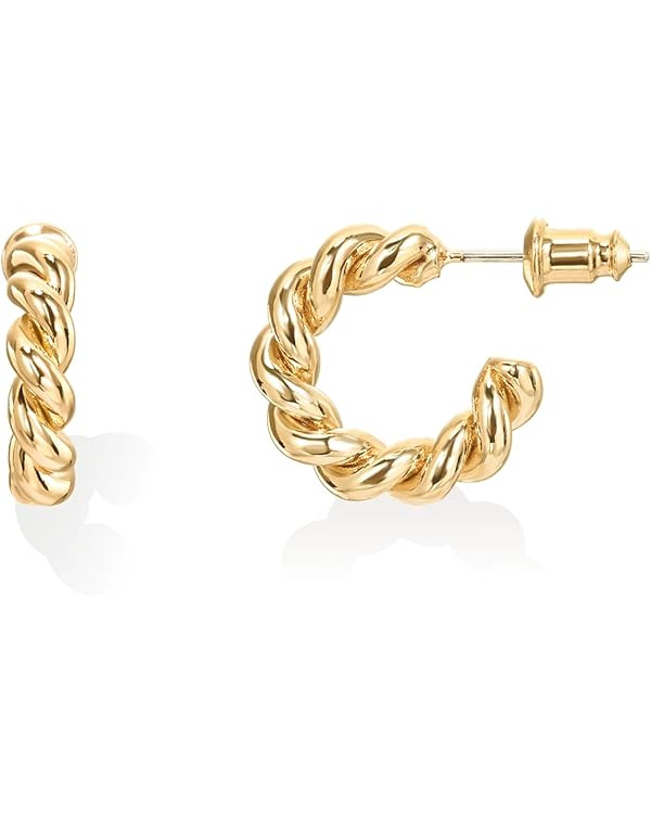 PAVOI 14K Gold Plated Twisted Rope Round Hoop Earrings in Rose Gold, White Gold and Yellow Gold | Amazon (US)