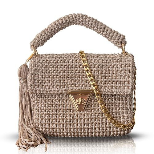 Handmade Beige Crochet Shoulder Bag for Women | Gold Chain & Top Handle | Boho Knitted Purse | Elegant Evening (Beige) | Amazon (US)