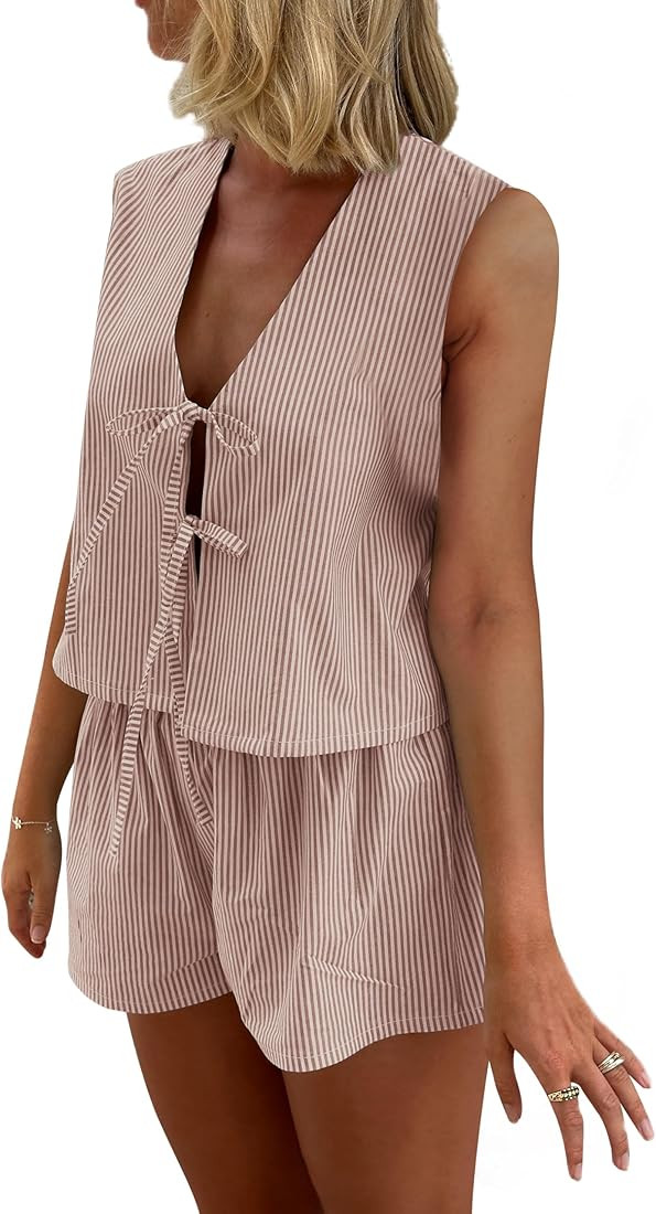Women Casual Summer Lounge Set Y2k 2 Piece Outfits Set Sleeveless Tie Front Tank Top Vest Boxer S... | Amazon (US)