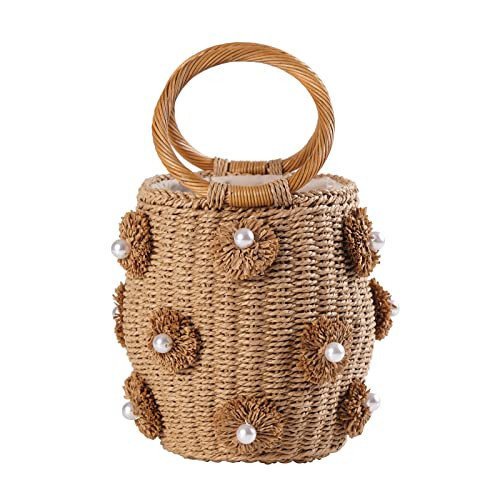 JBRUN Pearl Flower Straw Woven Tote Bag Summer Beach Rattan Handle Bucket Bag Straw Purses and Handbags for Women (Brown) | Amazon (US)