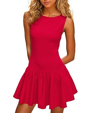 Women's Flowy Mini Tank Dress Sleeveless Boat Neck Solid Slim Fit Puffy Beach Short Summer Dresse... | Amazon (US)