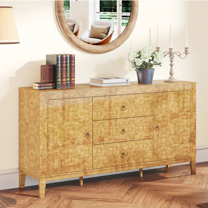 Amerlife High Gloss Burl Buffet Sideboard Cabinet, 60" Large Heavy Wood Sideboard Storage Cabinet... | Wayfair North America