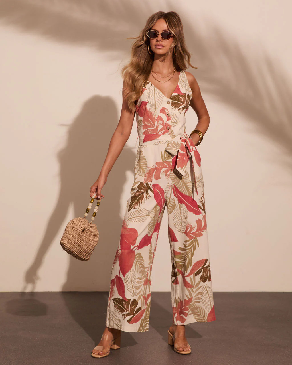 Sunset Souvenir Linen Blend Tropical Waist Tie Jumpsuit | VICI