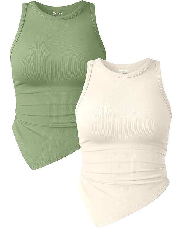 OQQ Women's 2 Piece Tank Tops Ruched Crew Neck Sleeveless Basic Stretch Tee Shirts | Amazon (US)