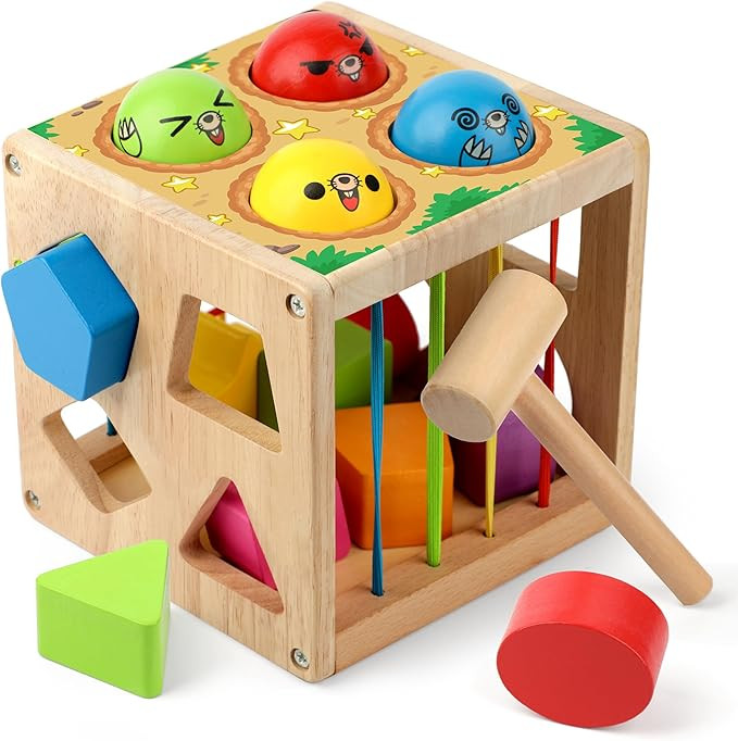 Coogam Wooden Montessori Toys for Toddlers, Shape Sorting Cube Whack Mole Fine Motor Skills Game ... | Amazon (US)