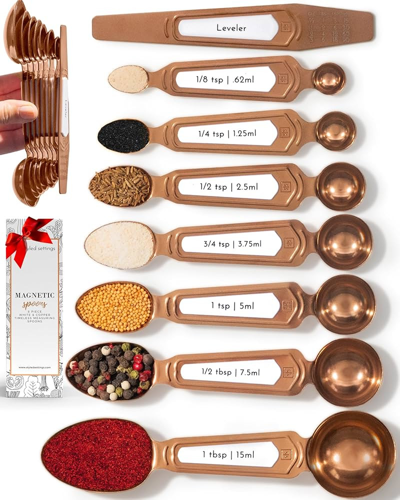 Copper Measuring Spoons Set with Leveler – 8-Piece Double-Sided Nesting Magnetic Measuring Spoo... | Amazon (US)