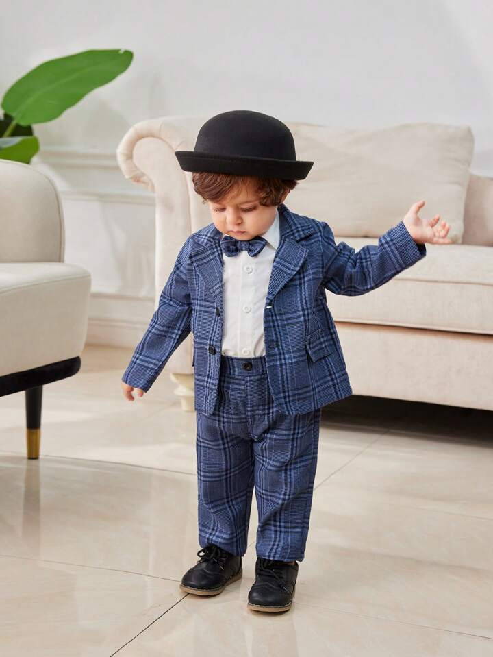 Boys' Blue Plaid Gentlemen Suits | SHEIN
