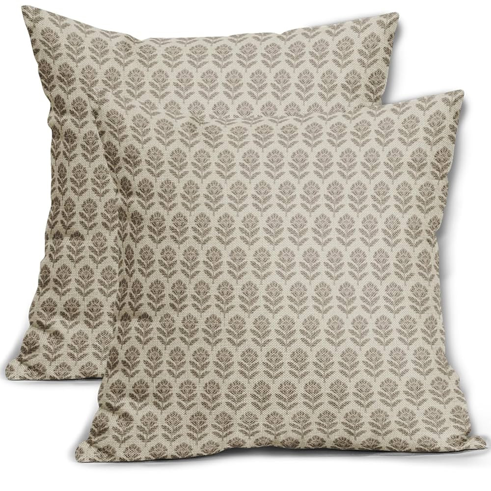Floral Pillow Covers 18x18 Set of 2 Block Print Light Taupe Patterned Decorative Outdoor Pillowca... | Amazon (US)