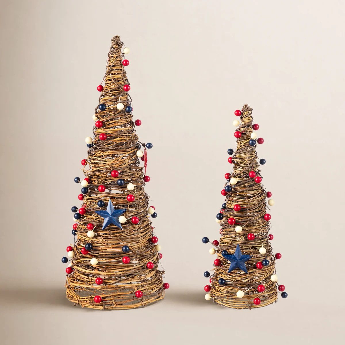 Set Of 2 Patriotic Rattan Cone Trees With Stars & Berries - Table Decor (Set of 2) | Wayfair North America