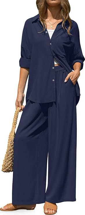 TARSE Women's Linen 2 Piece Outfits Casual Lounge Sets Long Sleeve Button Down Shirts Wide Leg Pa... | Amazon (US)