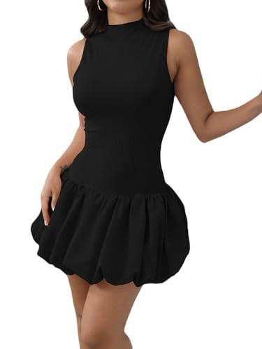 Mojessy Bubble Dress for Women Sexy Sleeveless Mock Neck Knit Mini Y2K Cute Bodycon Short Dress Medium Black | Amazon (US)