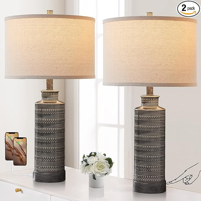 Set of 2 Farmhouse Table lamps for Bedroom Bedside, 3-Way Dimmable Touch Ceramic Lamp with Dual U... | Amazon (US)