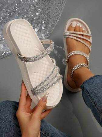 Shiny Rhinestone Platform Wedge Heeled Sandals For Casual Wear | SHEIN