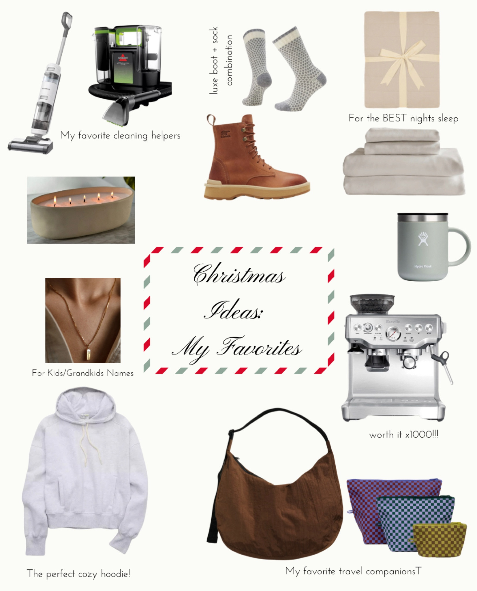 Gift ideas for her based off of things I own and LOVE! Don’t want to live without any of these items! Mop vacuum, small shampooer, bamboo blanket and sheets, travel bags and pouches that clean up so nicely. Espresso machine on sale! The best hoodie and an engraved necklace. Perfect for wife, mom, grandma, sister! 

#LTKfindsunder100 #LTKsalealert #LTKSeasonal
