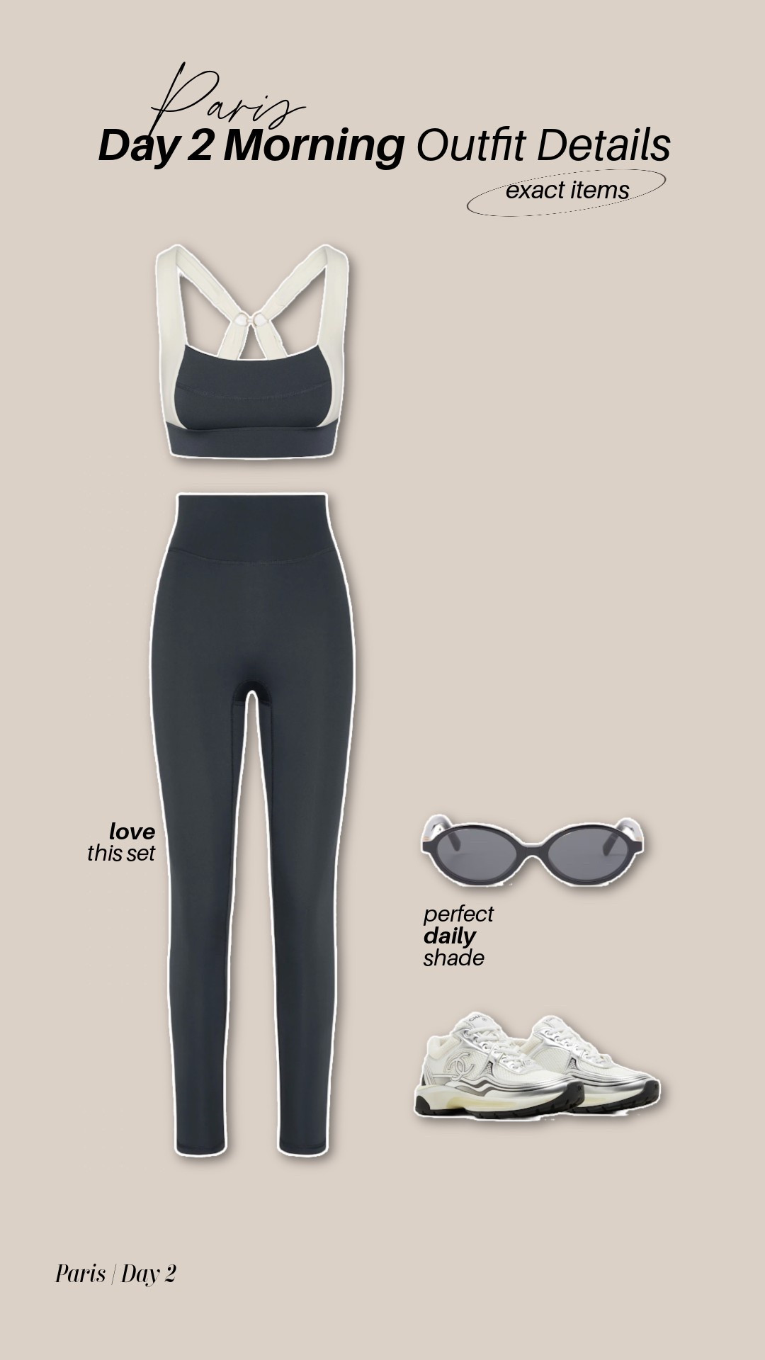 Sports bra - medium
Leggings - medium
Shoes - TTS
Shades - exact 