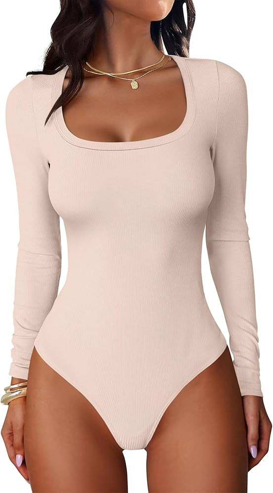 ANRABESS Women Scoop Neck Bodysuits Long Sleeve Tops 2025 Fall Slim Fit Ribbed Knit Sexy Soft Bas... | Amazon (US)