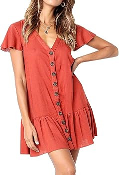 Womens Ruffles Short Sleeve V Neck Button Down Shirt Dresses Midi Skater Dress with Pockets | Amazon (US)