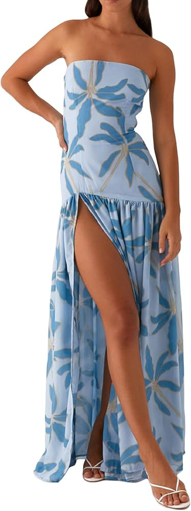 Aonoapll Women Strapless Flowy Maxi Dress Y2k High Slit Long Tube Dress Mesh Patchwork Tube Top D... | Amazon (US)