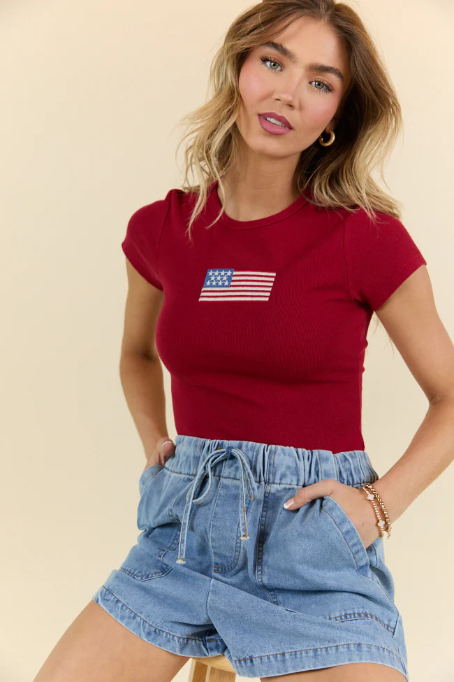 Blue Jean Baby Red Ribbed Flag Applique Baby Tee | Pink Lily