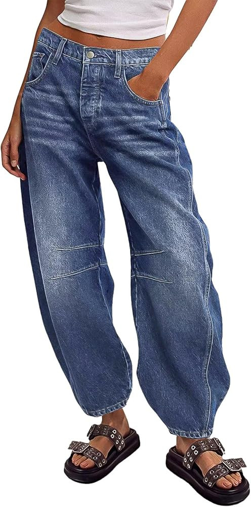 Flamingals Barrel Leg Jeans for Women Mid Waist Casual Baggy Boyfriend Stitch Detail Denim Jeans | Amazon (US)
