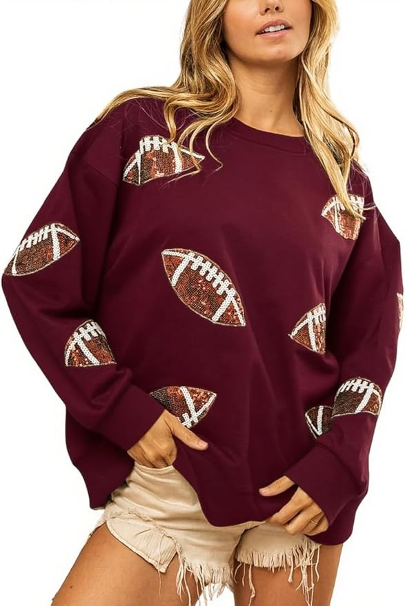 Womens Sparkle Football Sequin Rugby Sweatshirt Game Day Y2K Crewneck Oversized Shirt Long Sleeve... | Amazon (US)