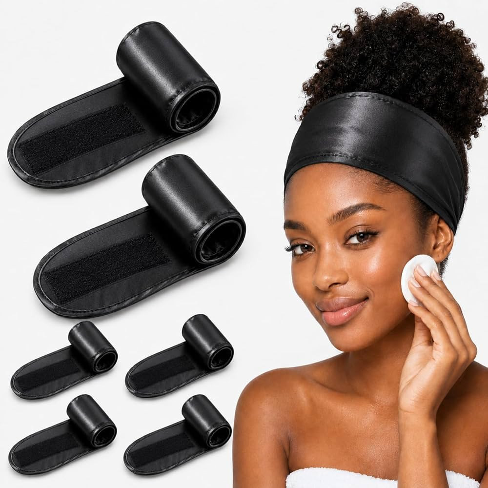 6 Pcs Satin Hair Wrap Adjustable Spa Headband,Black Color | Amazon (US)