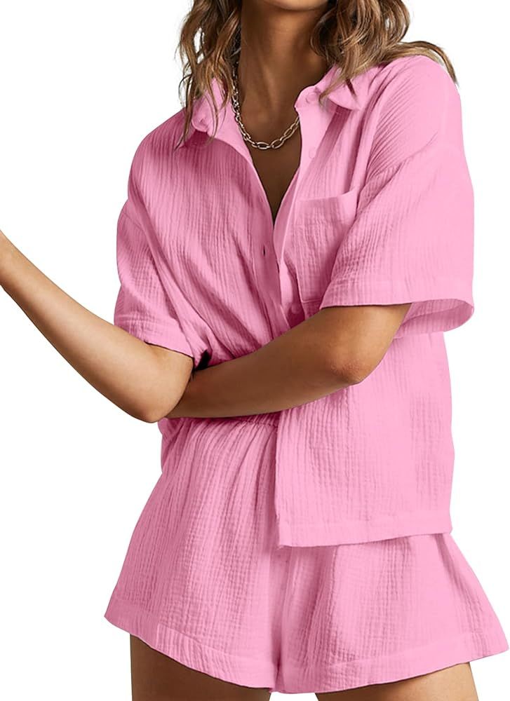 Women's 2 Piece Casual Outfits Cotton Linen Button Down Shirt Top High Waisted Shorts Set Tracksu... | Amazon (US)