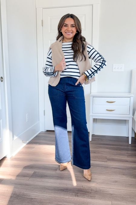 Striped Boatneck top size XS petite TTS
Pleated V-Neck Cardigan size xxs TTS 
High Rise Wide Leg jeans size 26 petite - Runs a little big in the waist 
Suede Nude Heels size 5 TTS 

Valentine’s Day outfit 
Work wear 
Work outfit 
Office outfit 
Winter outfits 
Valentines 

Honey Sweet Petite 
Honeysweetpetite

#LTKworkwear #LTKSeasonal #LTKstyletip
