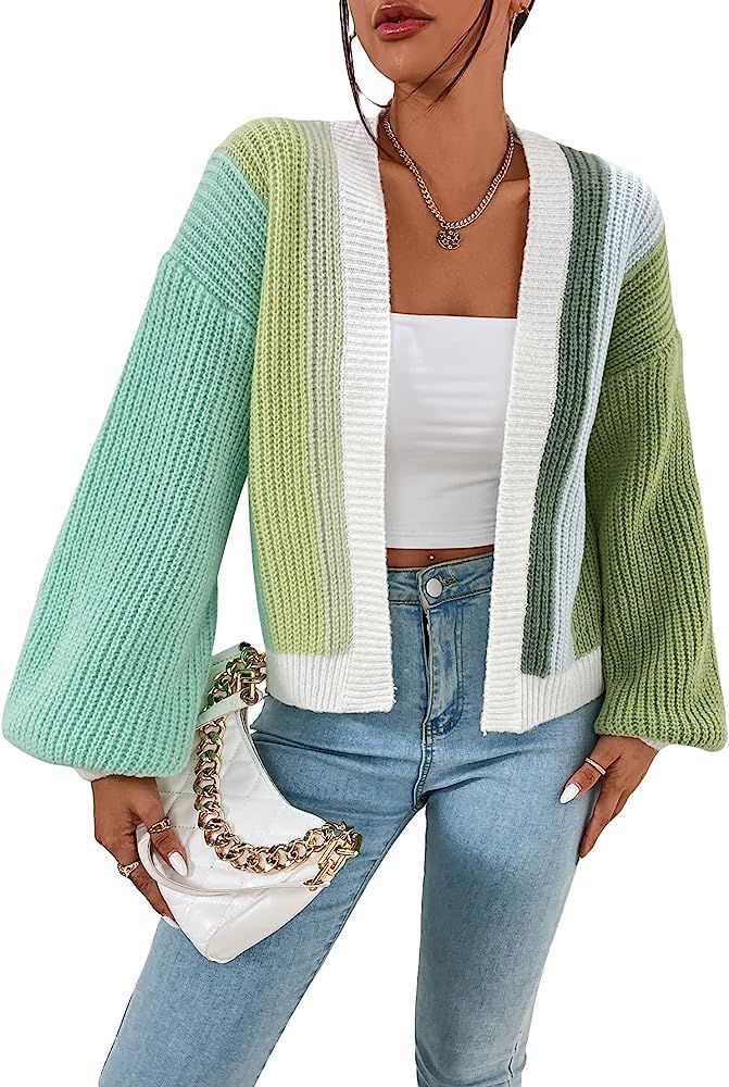 SHENHE Women's Color Block Open Front Long Sleeve Ribbed Knit Cropped Cardigan Sweaters | Amazon (US)