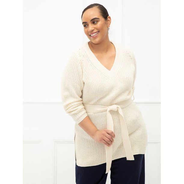 ELOQUII Elements Women's Plus Size V-Neck Belted Tunic Sweater | Walmart (US)