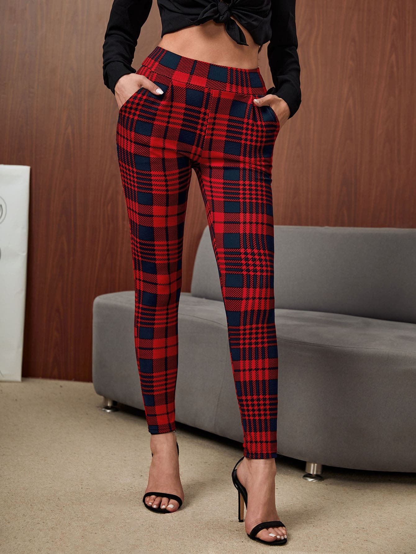 SHEIN Clasi High Waist Plaid Slant Pockets Skinny Pants | SHEIN