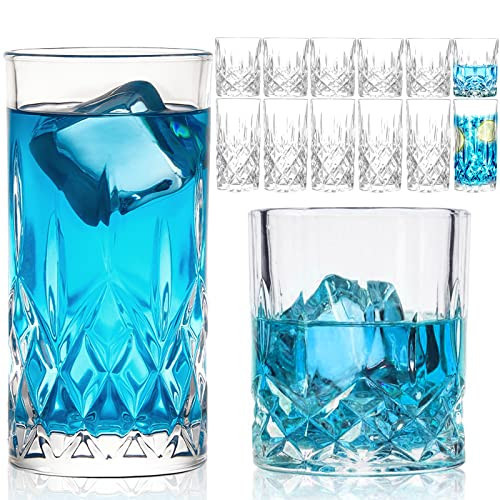 Claplante Drinking Glasses, 12 Piece Crystal Glass Cups, Mixed Glassware Set, 6 pcs Crystal Old Fashioned 11oz Highballs and 6 pcs 11oz Whiskey Glasses, Great for Cocktail, Whisky and other Beverages | Amazon (US)