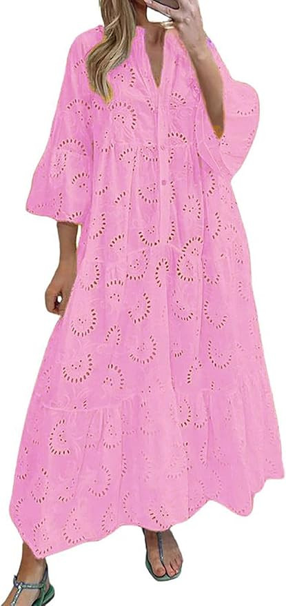utcoco Womens Lace Embroidered Eyelet Maxi Dresses 3/4 Trumpet Sleeve Button V Neck Flowy Swing H... | Amazon (US)