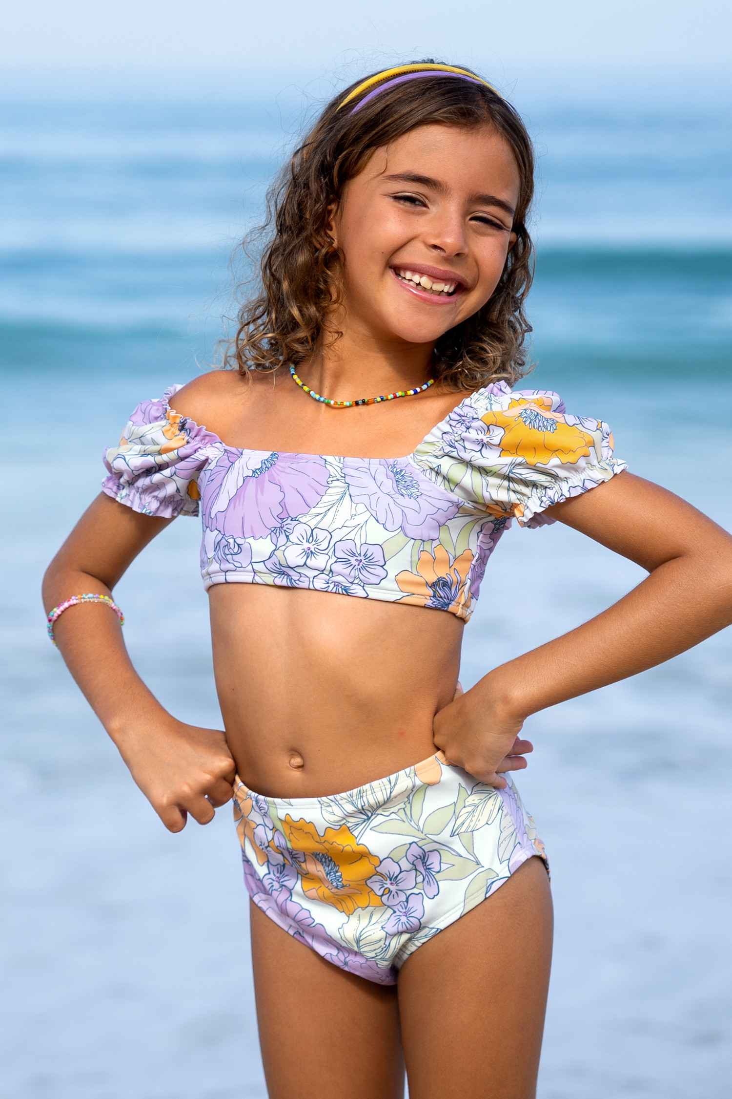 Girls Faded Flowers Puff Sleeve Top & High Waist Bikini Set | Cupshe US