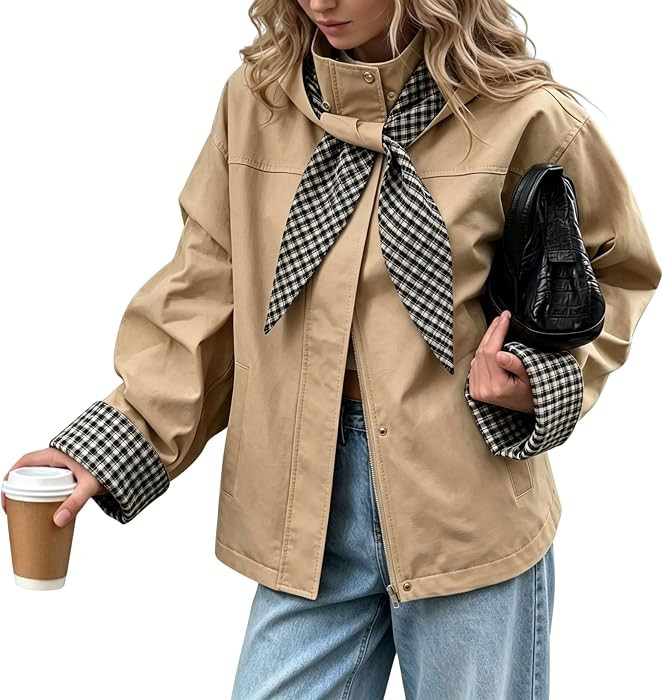 Hooever Women's Cropped Trench Coat Casual Hooded Jacket with Scarf Collar | Amazon (US)