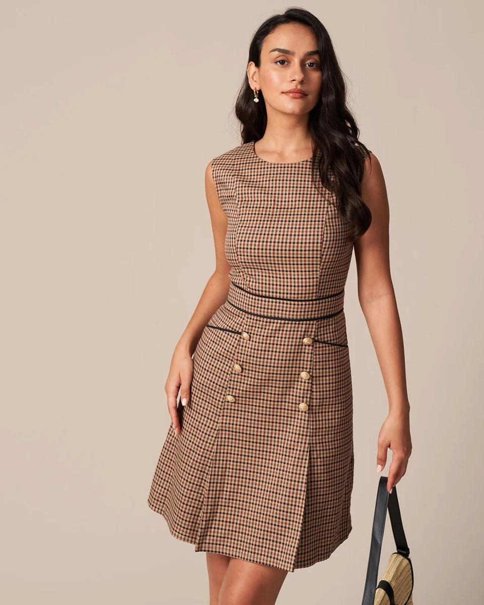 The Brown Round Neck Plaid Mini Dress - Women's A Line Plaid Mini Dress - Brown - Dresses | RIHOA... | rihoas.com