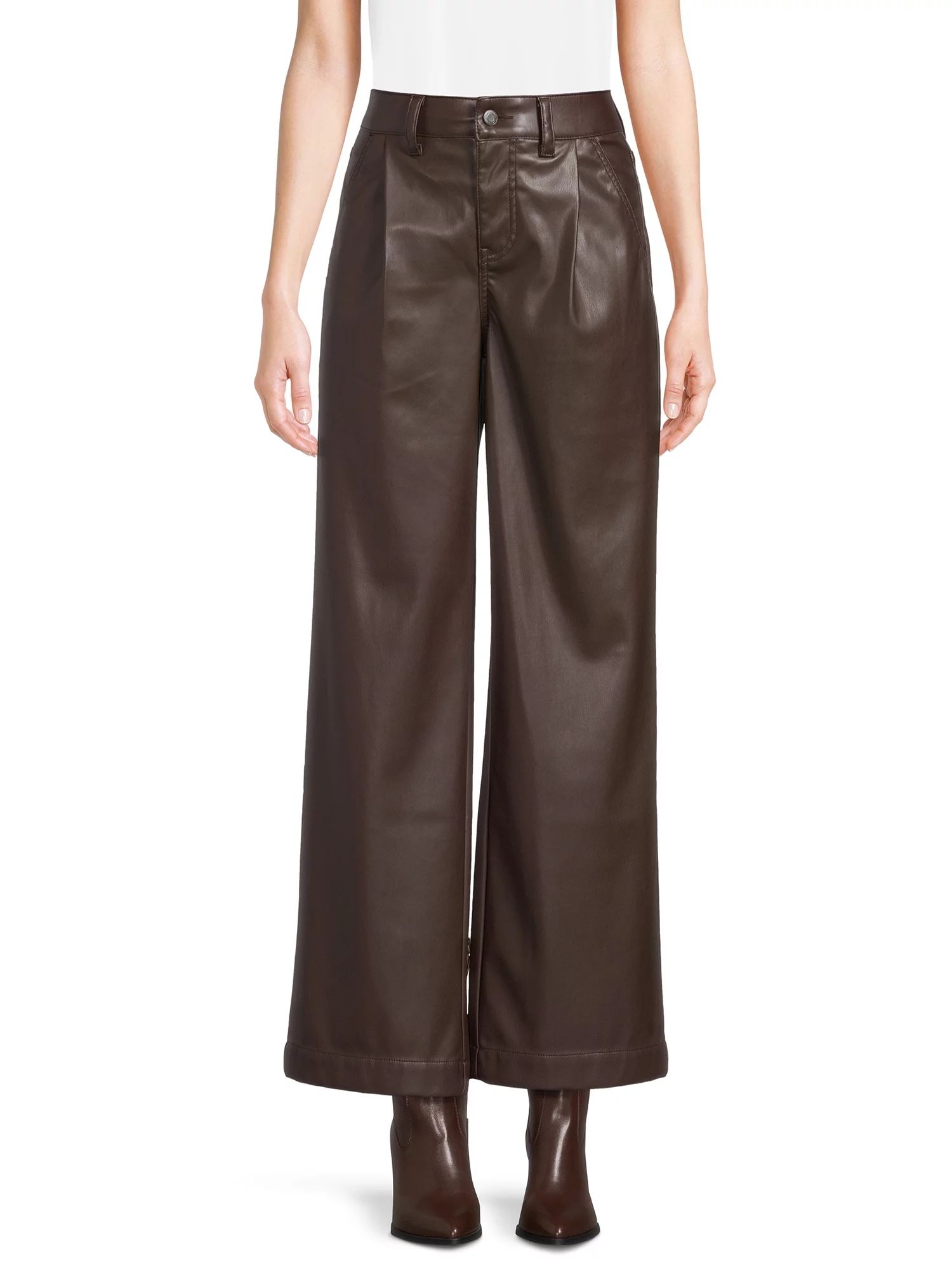 Time and Tru Women's High Rise Faux Leather Wide Leg Trousers – Regular, Short, Long Inseams Av... | Walmart (US)