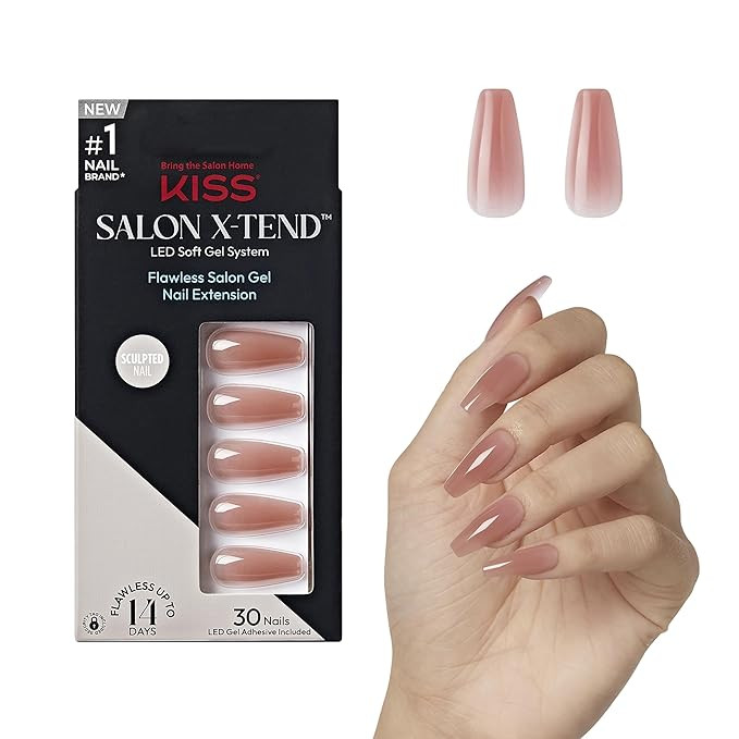 KISS Salon X-tend, Press-On Nails, Nail glue included, 'Flowers', Medium Pink, Long Size, Coffin ... | Amazon (US)