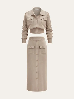 Metal Button Collared Cardigan and Midi Skirt Set | Commense