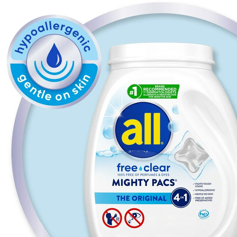 all Mighty Pacs Laundry Detergent Pacs, Free Clear for Sensitive Skin, Unscented and Dye Free, 19... | Walmart (US)