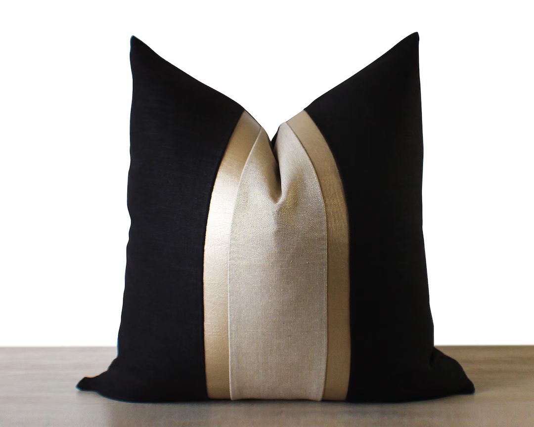 Black & Gold Linen Pillow Cover | Black Linen, Gold Linen + Gold Faux Leather Stripes | Glam Deco... | Etsy (US)