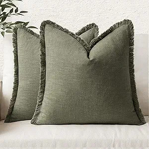 MIULEE Decorative Throw Pillow Covers Neutral Linen Fringe Throw Pillows Set of 2 Olive Green Boh... | Amazon (US)