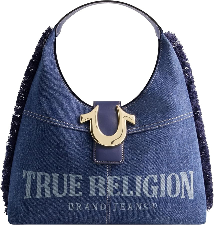 True Religion Women's Shoulder Bag Purse, Frayed Denim Medium Hobo Handbag with Horseshoe Logo | Amazon (US)